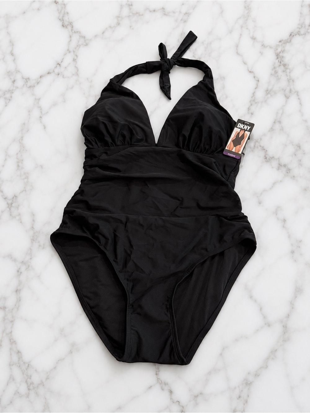 DKNY Black Halter One Piece Swimsuit NWT Ruched Tummy Control XXL